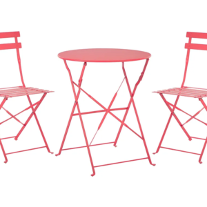 Table métallique avec 2 chaises rouges, pliantes